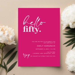 Small Vibrant Hot Pink Hello Fifty 50th Birthday Party Invitation Front View
