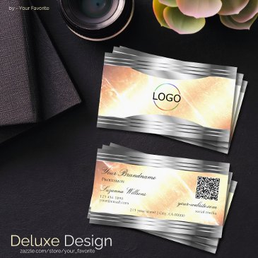 vibrant ivory peach silver borders logo qr code business invitations