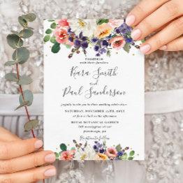 Small Vibrant Purple Orange Peach Blush Floral Wedding Invitation Front View