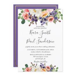 Small Vibrant Purple Orange Peach Blush Floral Wedding Invitation Front View