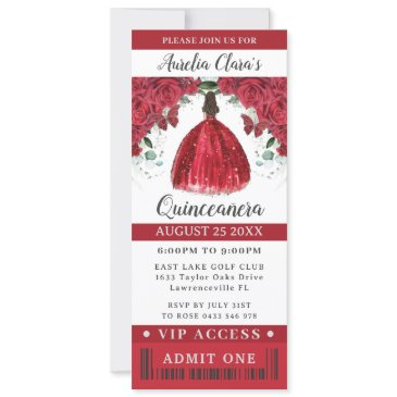 vibrant red floral quinceañera sweet 16 vip ticket invitation