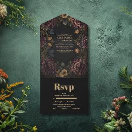Small Victorian Gothic Floral Frame Wedding All In One Invitation Front View