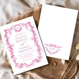 Small Victorian Hot Pink Floral Wedding Monogram Invitation Front View
