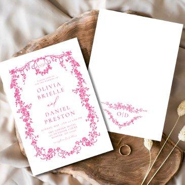victorian hot pink floral wedding monogram invitation