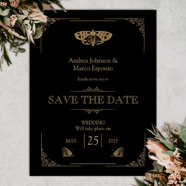 victorian moth black gothic wedding save the date