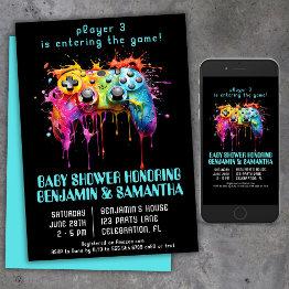 Small Video Game Gamer Blue Baby Shower Invitation Front View