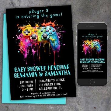 video game gamer blue baby shower invitation