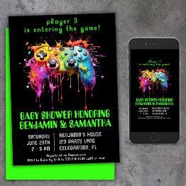 Small Video Game Gamer Neutral Baby Shower Invitation Front View