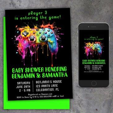 video game gamer neutral baby shower invitation