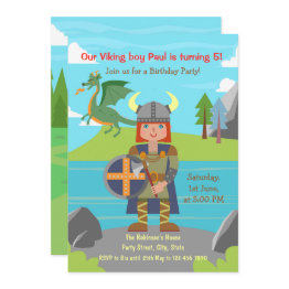 Small Viking Boy Warrior And Dragon Birthday Party Invitation Front View
