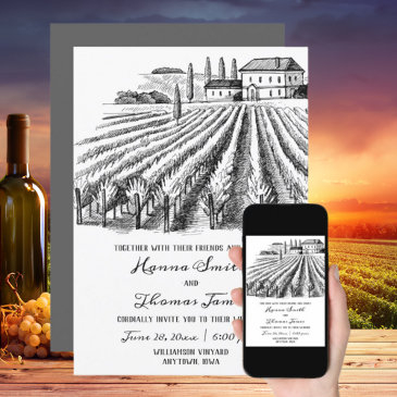 vineyard winery rustic sketch wedding invitation
