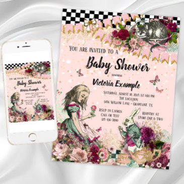 vintage alice in wonderland baby shower invitation