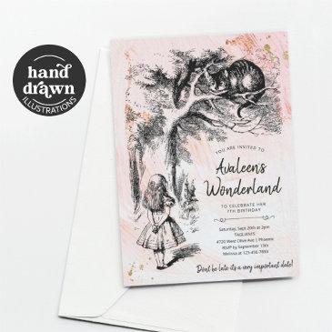 vintage alice's adventures in wonderland birthday invitation