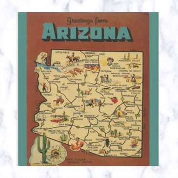 vintage arizona map cactus and saguaro blossom postinvitations