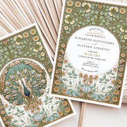 Small Vintage Art Nouveau Peacock Wedding Invitation Front View