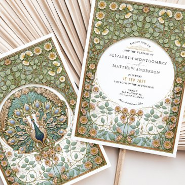 vintage art nouveau peacock wedding invitation