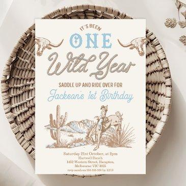 vintage blue boys wild year 1st birthday invitation