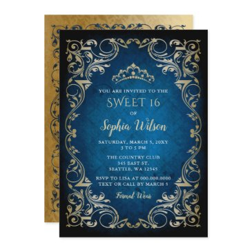vintage blue gold princess tiara sweet 16 invitation