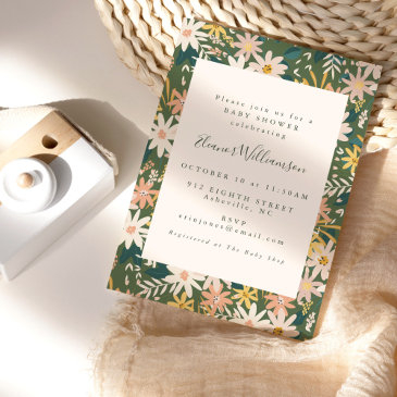 vintage boho floral in peach and green baby shower invitation