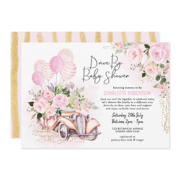 vintage car pink gold floral drive by baby shower invitation
