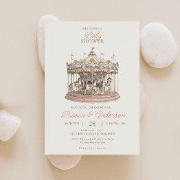 Small Vintage Carousel Baby Shower Invite 3 Front View