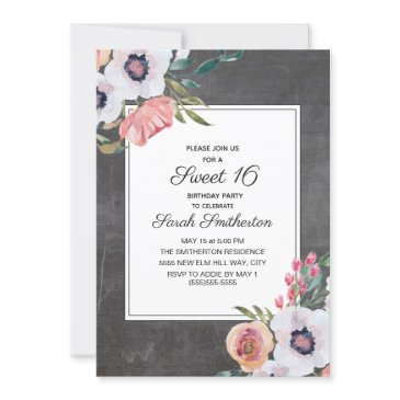 vintage chalkboard pink white floral sweet 16 invitation