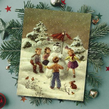 vintage children making a snowman postinvitations