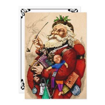 vintage christmas, victorian santa claus pipe toys invitation