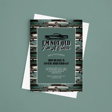 vintage classic cars 50th birthday invitation