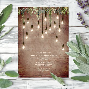 vintage edison lights brick botanical party invitation