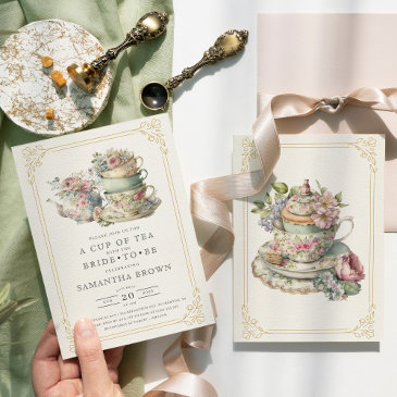 vintage elegant tea party bridal shower invitation