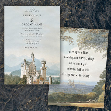 vintage fairytale castle rustic forest wedding invitation