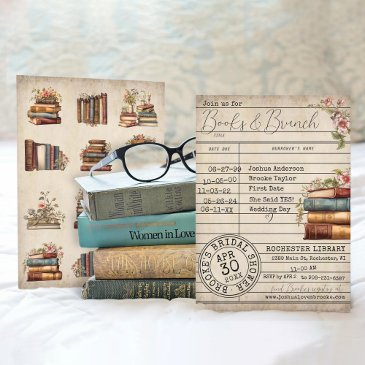 vintage floral books & brunch bridal shower invitation
