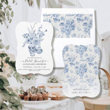 vintage floral elegant blue n white bridal shower invitation