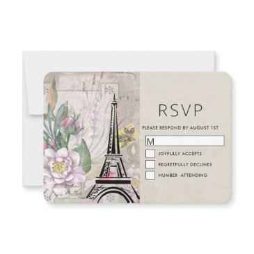 vintage flowers, eiffel tower and burlap wedding rsvp invitations