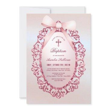 vintage glitter frame pink bow faux foil baptism invitation