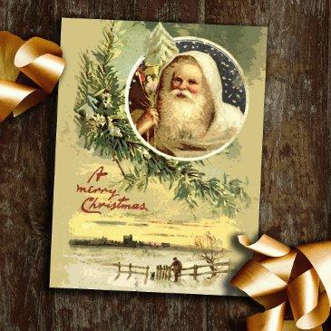 vintage gold father christmas winter scene holiday postinvitations