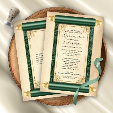vintage green gold scroll elegant quinceañera invitation