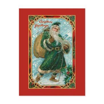 vintage green-robed santa in snow postinvitations