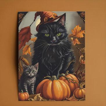 vintage halloween black cat witch kitten pumpkins holiday invitations