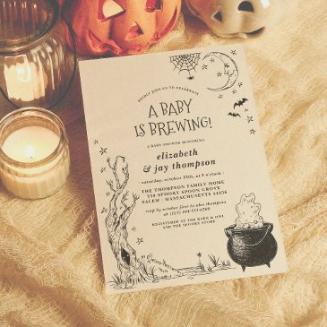 vintage halloween cauldron baby is brewing shower invitation