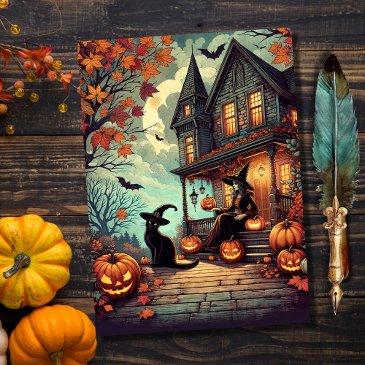 vintage halloween witch and black cat holiday invitations