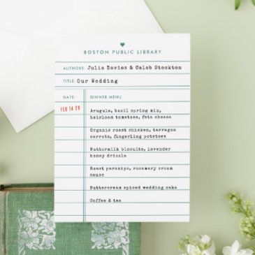 vintage library book check out invitations wedding menu