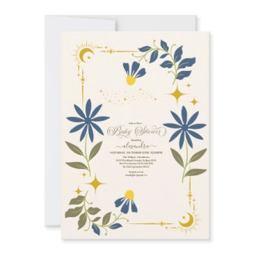 vintage navy blue celestial botanical baby shower invitation
