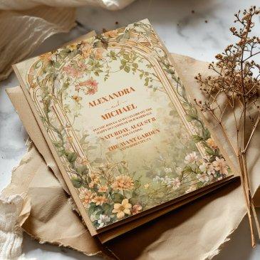 vintage olive green floral art nouveau wedding invitation