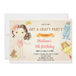 Small Vintage Paper Doll Tea Birthday Invitation Front View
