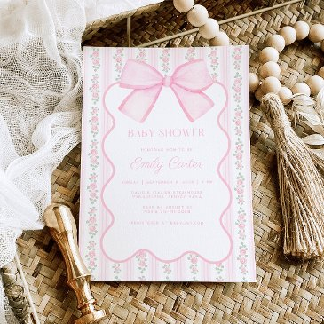 vintage pink bow floral elegant baby shower invitation
