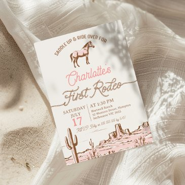 vintage pink brown horse first rodeo 1st birthday invitation