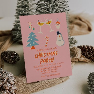 vintage pink red illustrated fun christmas party invitation