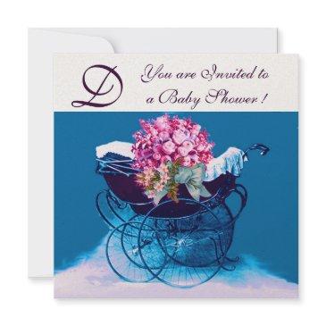 vintage pram flowers blue baby shower monogram invitation
